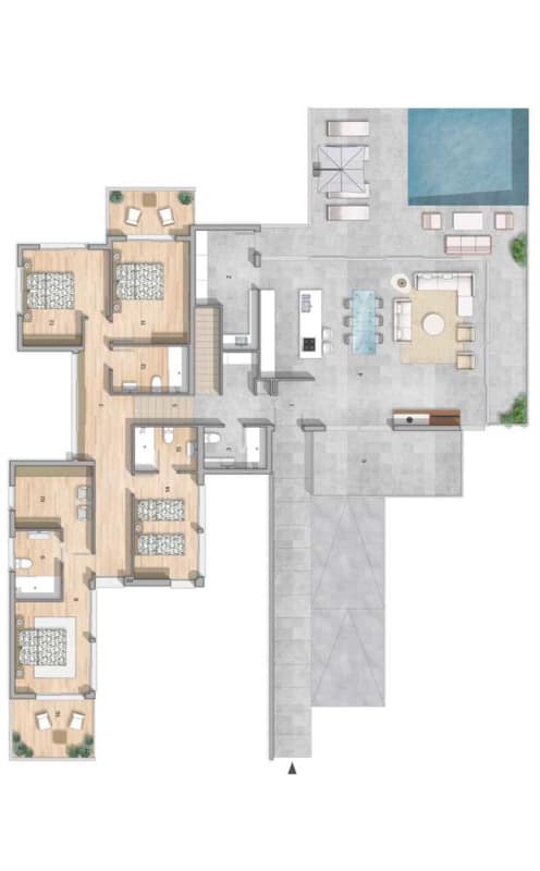 Pavimento superior de planta de casa com piscina e quatro quartos