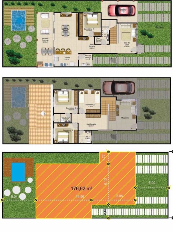 Planta de casa com dois pavimentos e quatro quartos