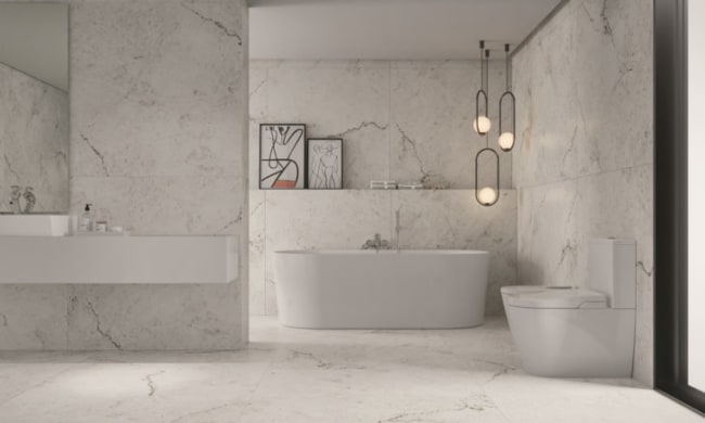 Porcelanato para parede do banheiro no estilo marmorizado
