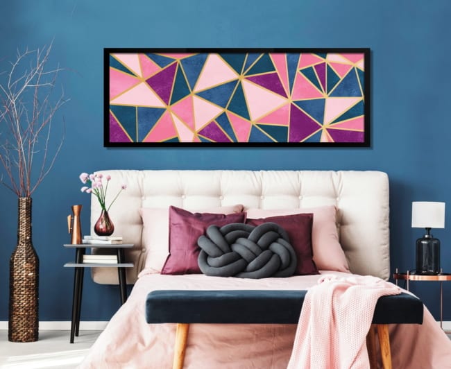 quadro horizontal abstrato azul rosa geometrico decoracao c casa decorada