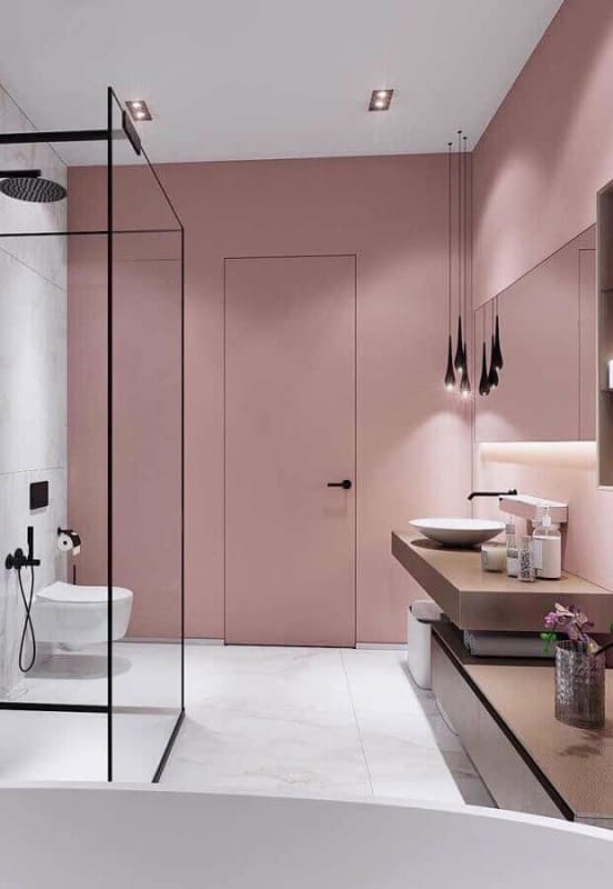 tinta rosa pastel para decoracao de banheiro moderno planejado Foto Pinterest