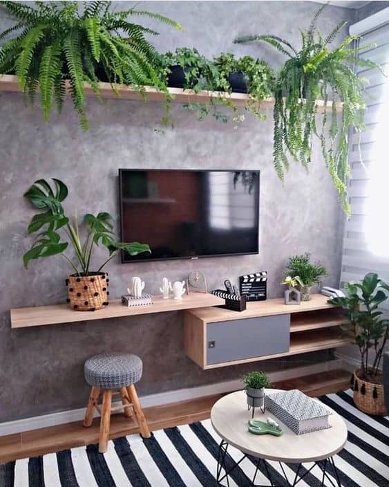 sala com prateleira de madeira com plantas