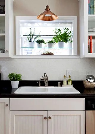 cozinha com prateleira de vidro com plantas