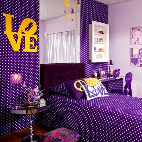 decoracao de quarto em violeta e amarelo