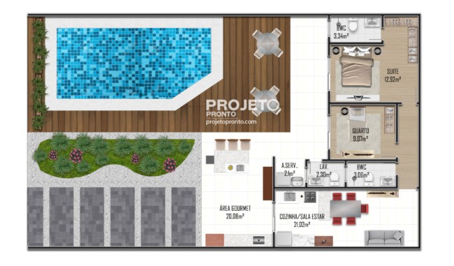 projeto de edicula com 2 dormitorios e piscina