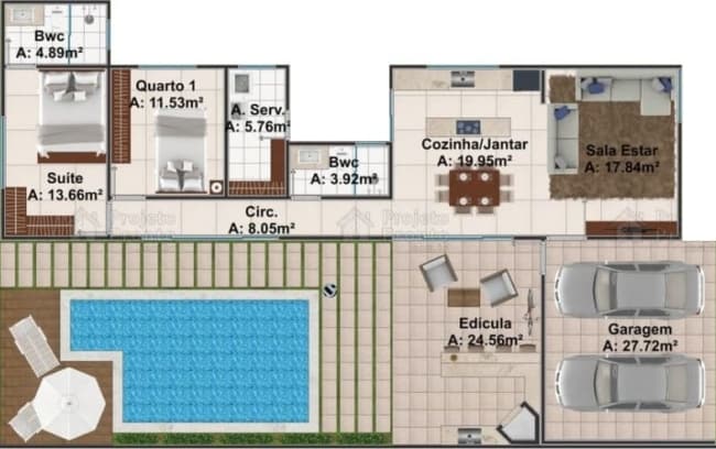 planta de edicula com 2 quartos e piscina
