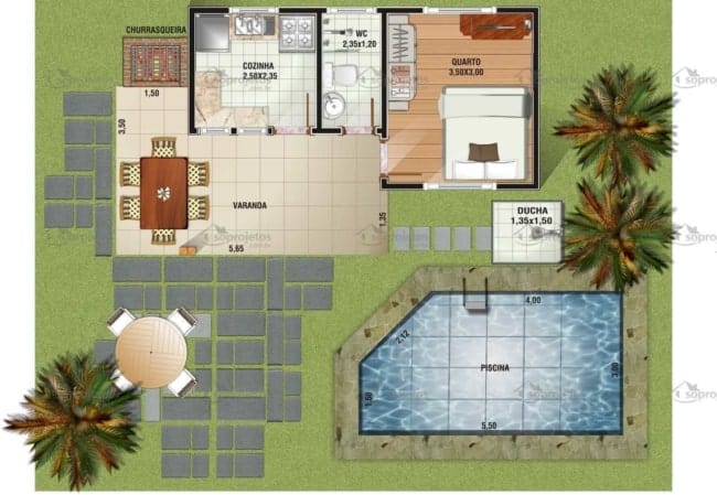 1 planta de casa pequena no fundo do terreno com piscina