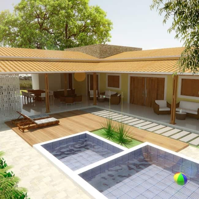 17 projeto de edicula em L com varanda e piscina