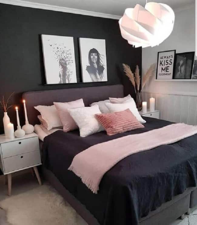 decoracao moderna para quarto de solteiro feminino preto e rosa Foto Pinterest