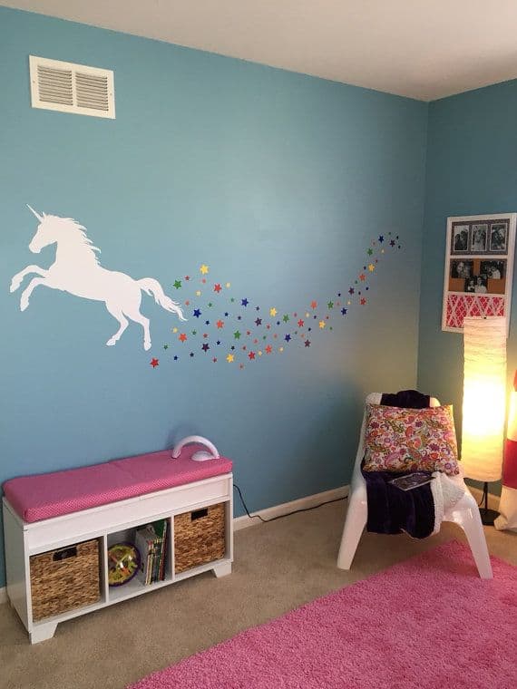 50 quarto decorado com adesivo de parede de unicornio