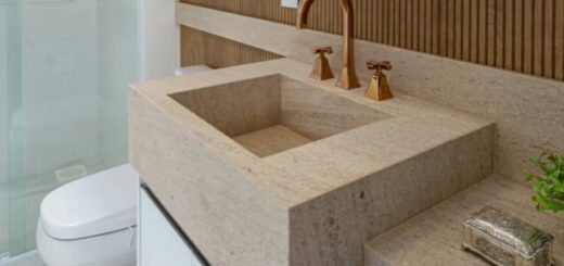21 banheiro com pia de limestone Studio AS