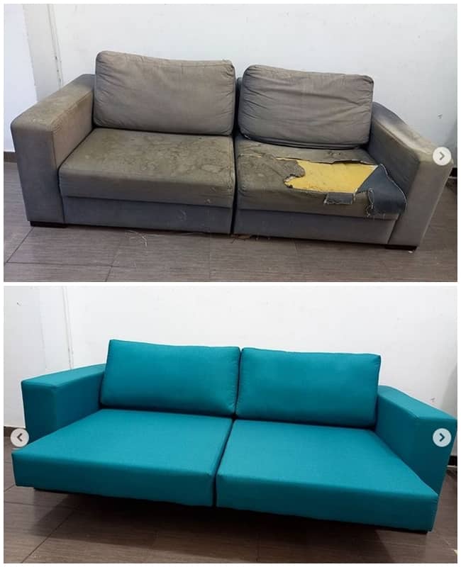2 antes e depois de sofa reformado @favatostapecaria