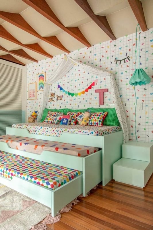69 cama infantil colorida com camas auxiliares Mooui