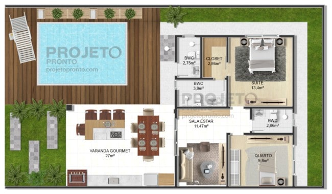 15 projeto de casa terrea com piscina Projeto Pronto
