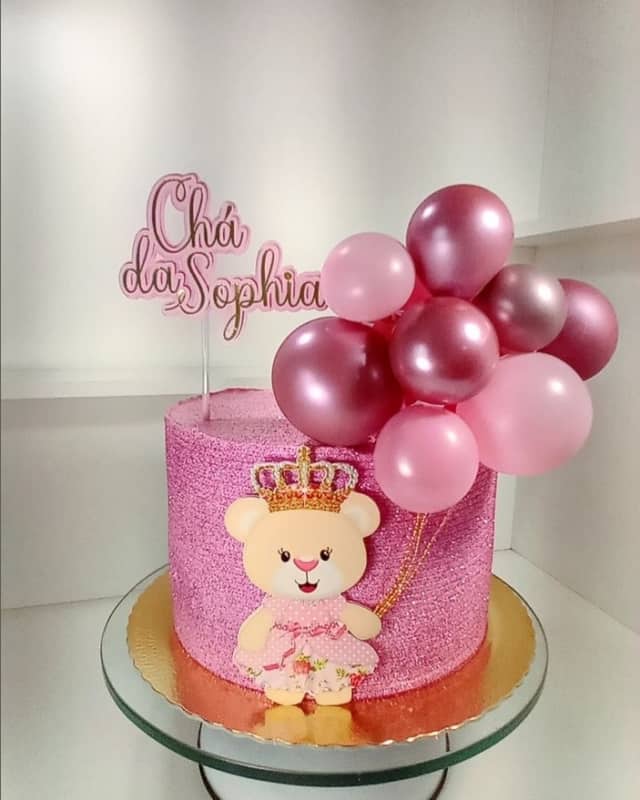 12 bolo rosa com glitter ursinha cha de bebe @vaniabolosartesanais