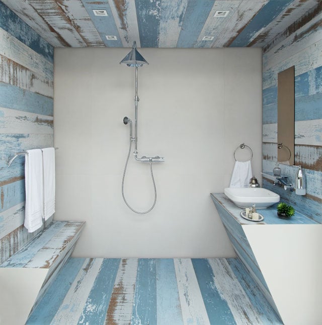 11 banheiro com porcelanato rústico azul claro Dercotiles