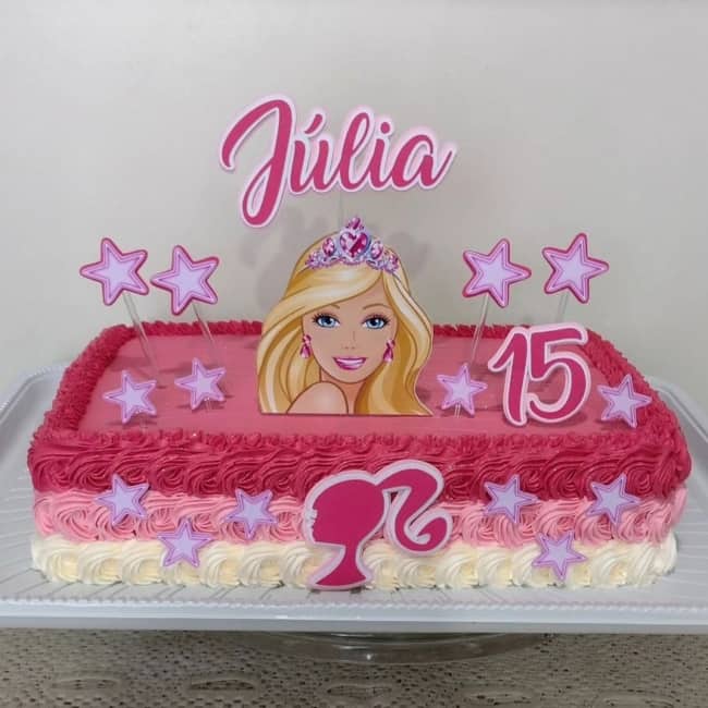 Bolo da Barbie, Retangular, Topper, Chantilly, 8anos, 35 fatias, 3kg, Prestígio