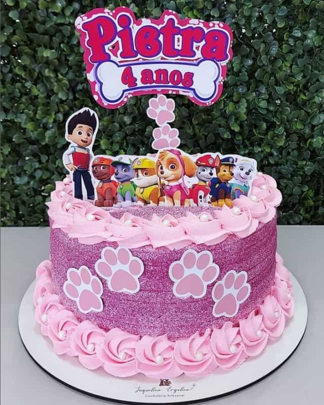 19 bolo rosa com glitter Patrulha Canina @jaqueergolicoconfeitaria