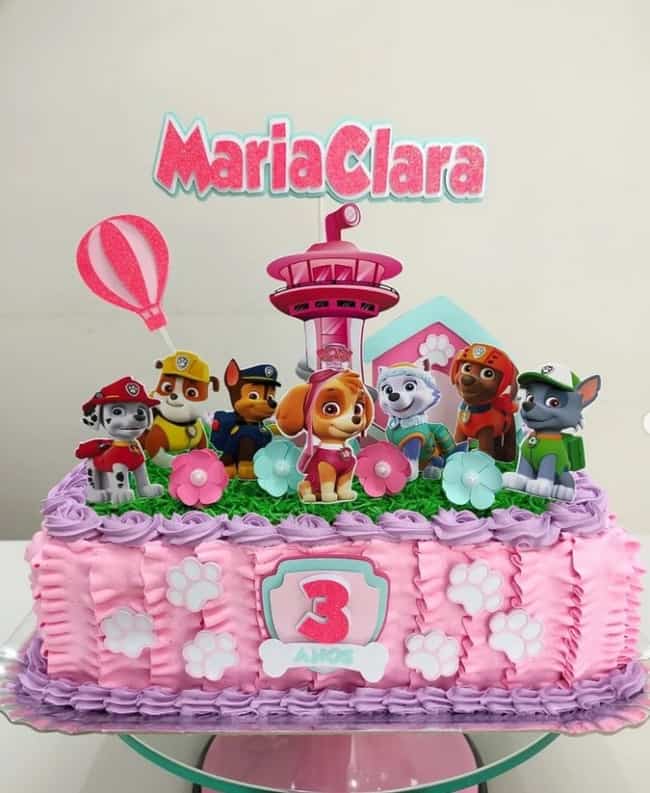 3 decoração bolo quadrado rosa Patrulha Canina @viannas sweets