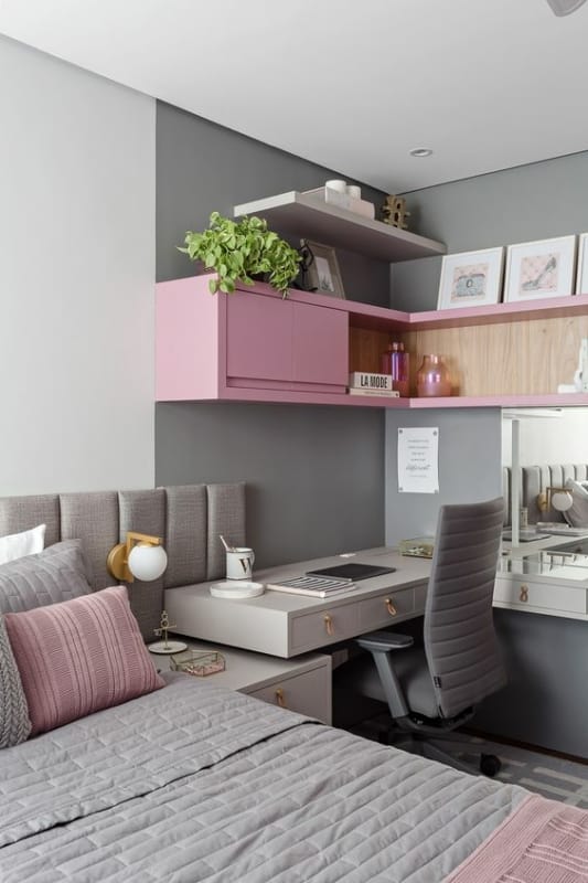 3 quarto feminino cinza e rosa com home office Casa Abril