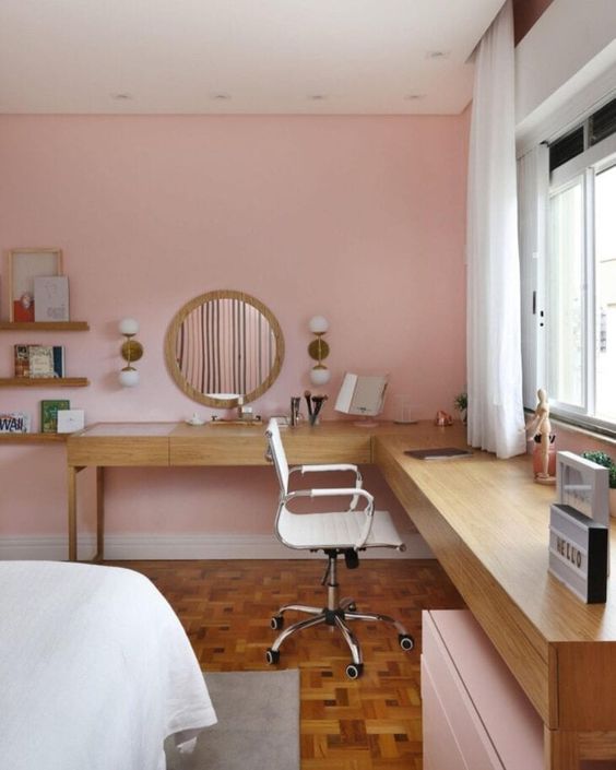 4 quarto rosa com home office Pinterest