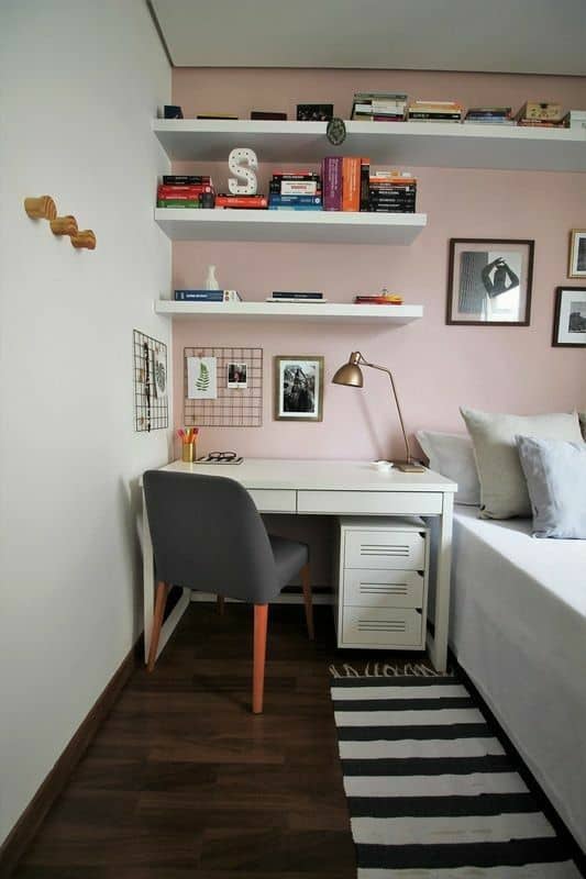 6 quarto feminino com parede rosa e home office Pinterest