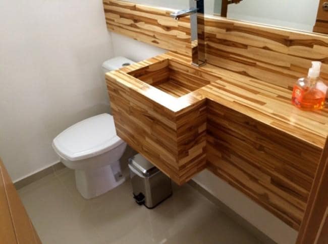 16 lavabo com bancada de madeira teca Teak Design
