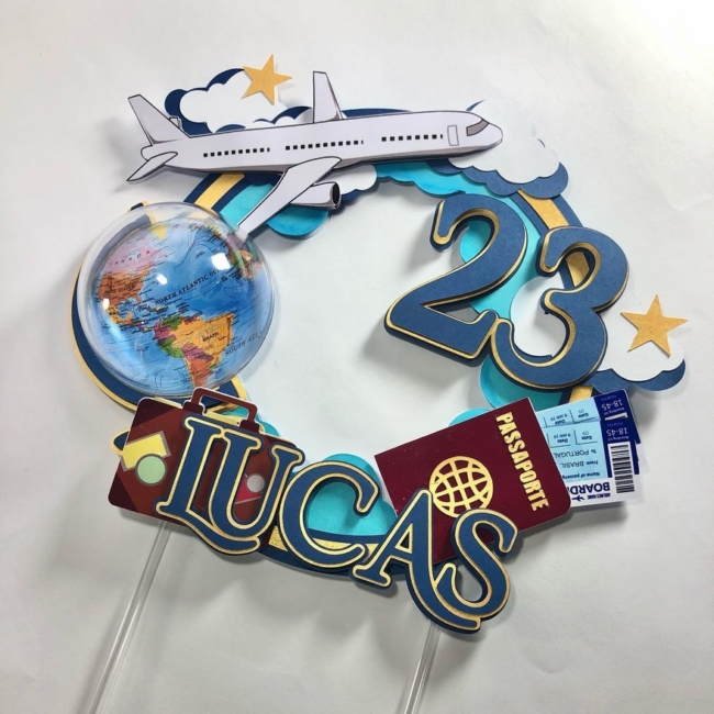 21 topo de bolo de viagem personalizado @unicorniomagicopapelaria