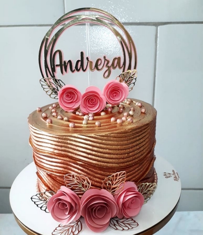 12 topo de bolo rose gold com flores @donamaricota12