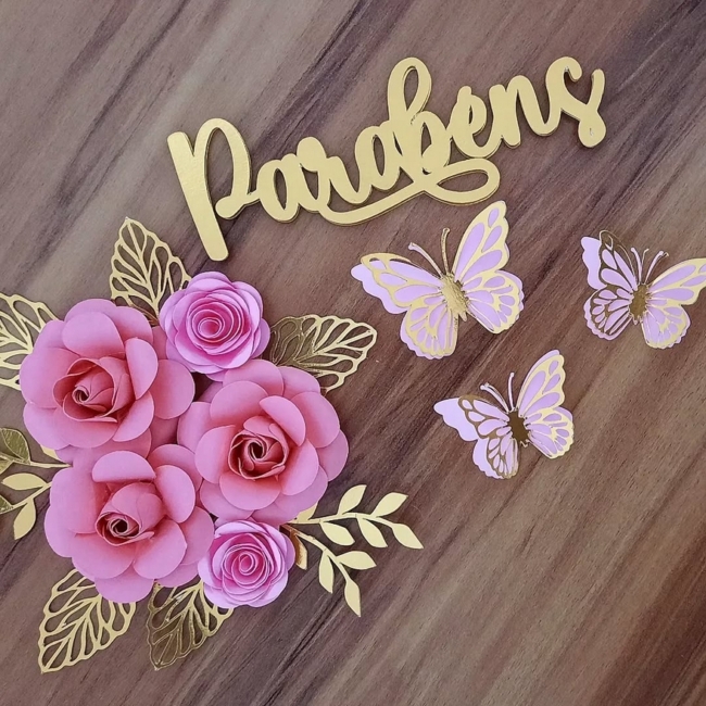 15 topo de bolo Parabéns com flores @alinepersonalizadosatelier
